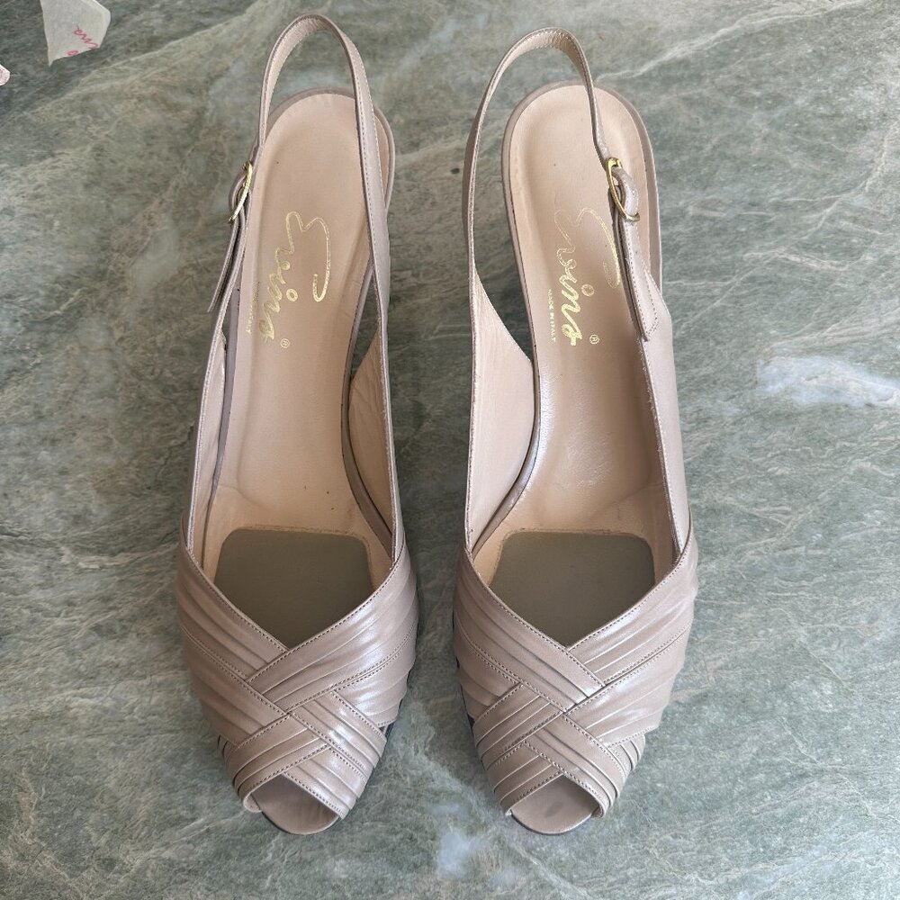 Vintage Evins Italian Leather Sling Back Pumps | Lt Taupe Size 9.5